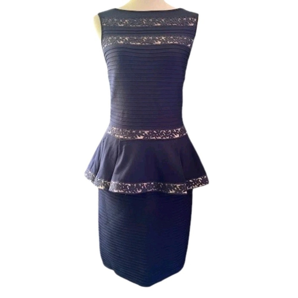 Tadashi Shoji Navy Peplum Sheath Dress Womens Large Blue Lace Bodycon‎ Cocktail